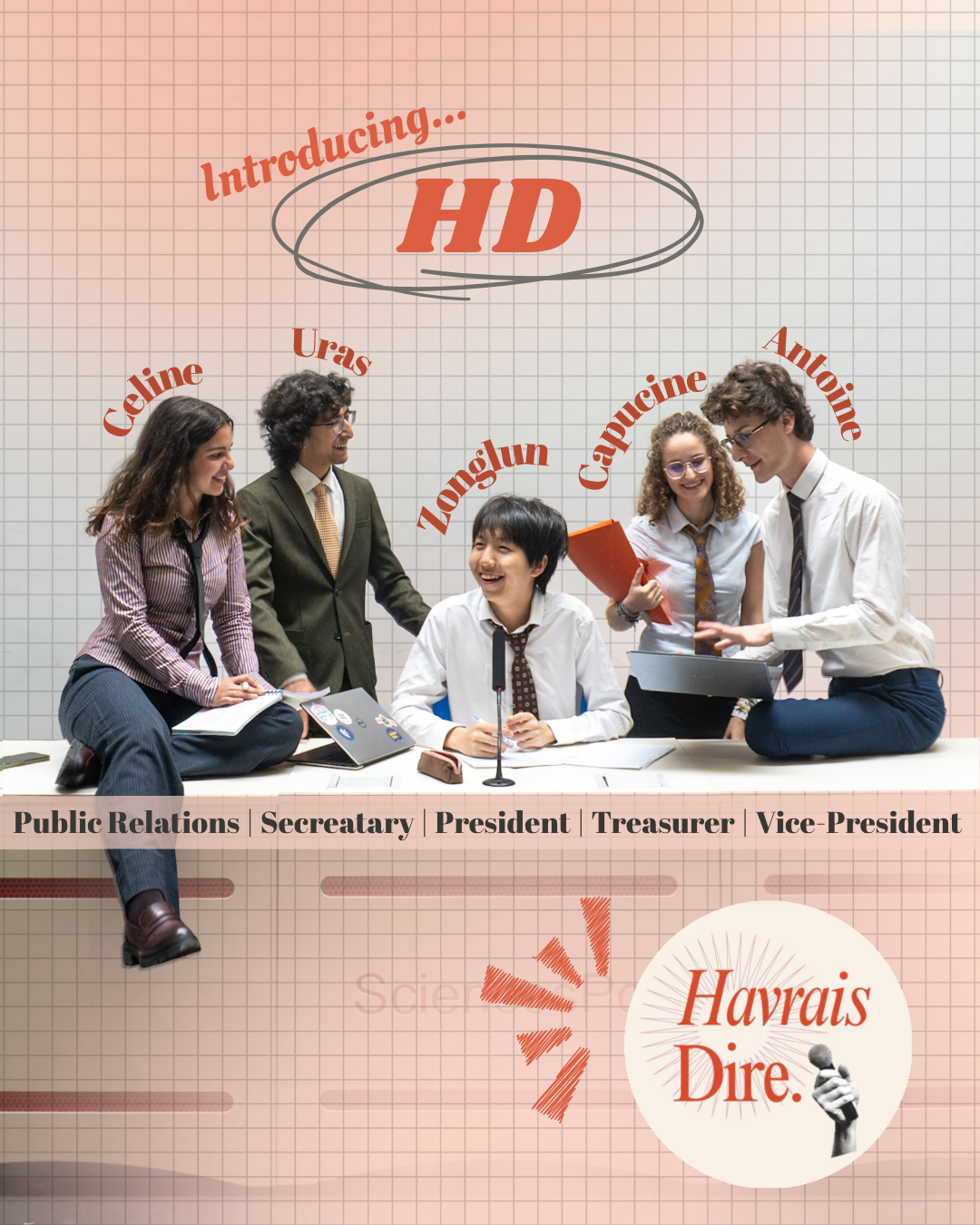 The five members of the 2026–27 Havrais Dire board: Céline, Uras, Zonglun, Capucine and Antoine